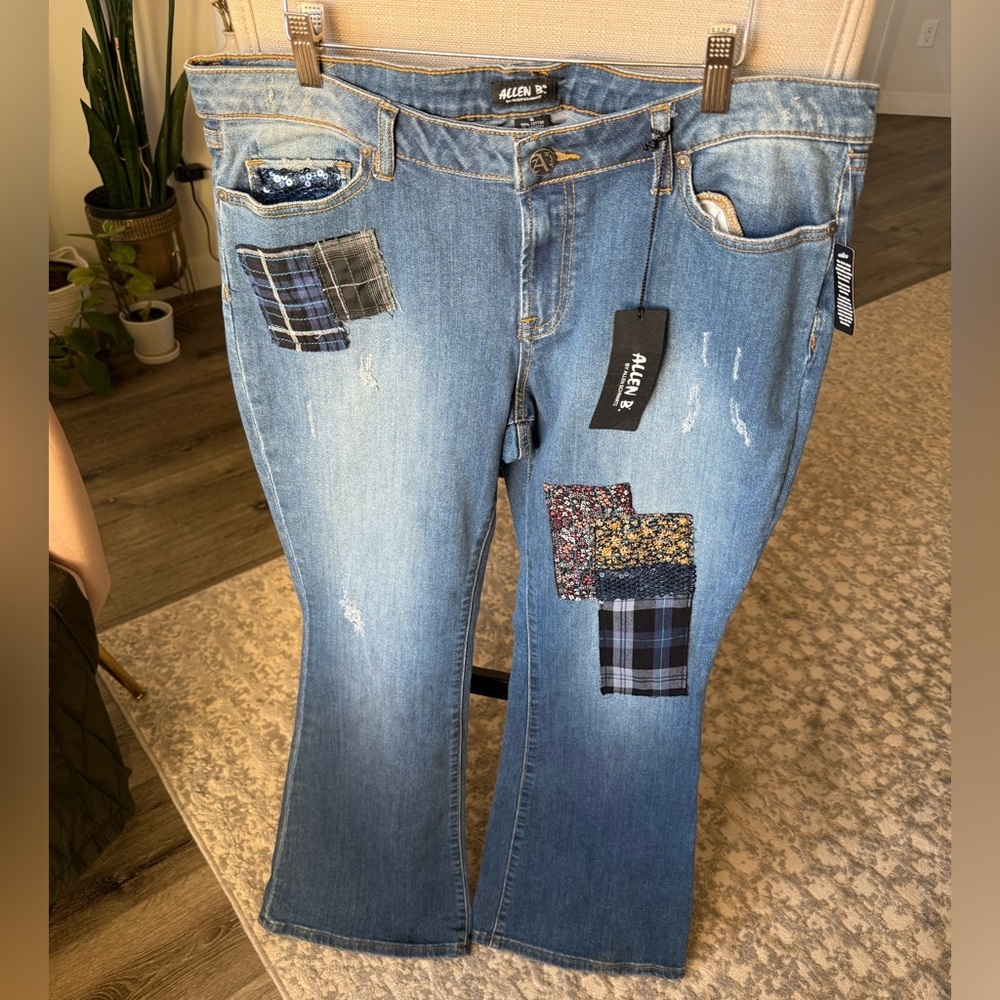 Allen B. By Allen Schwartz Y2K Blue Patchwork Flare Cotton Jeans, 16